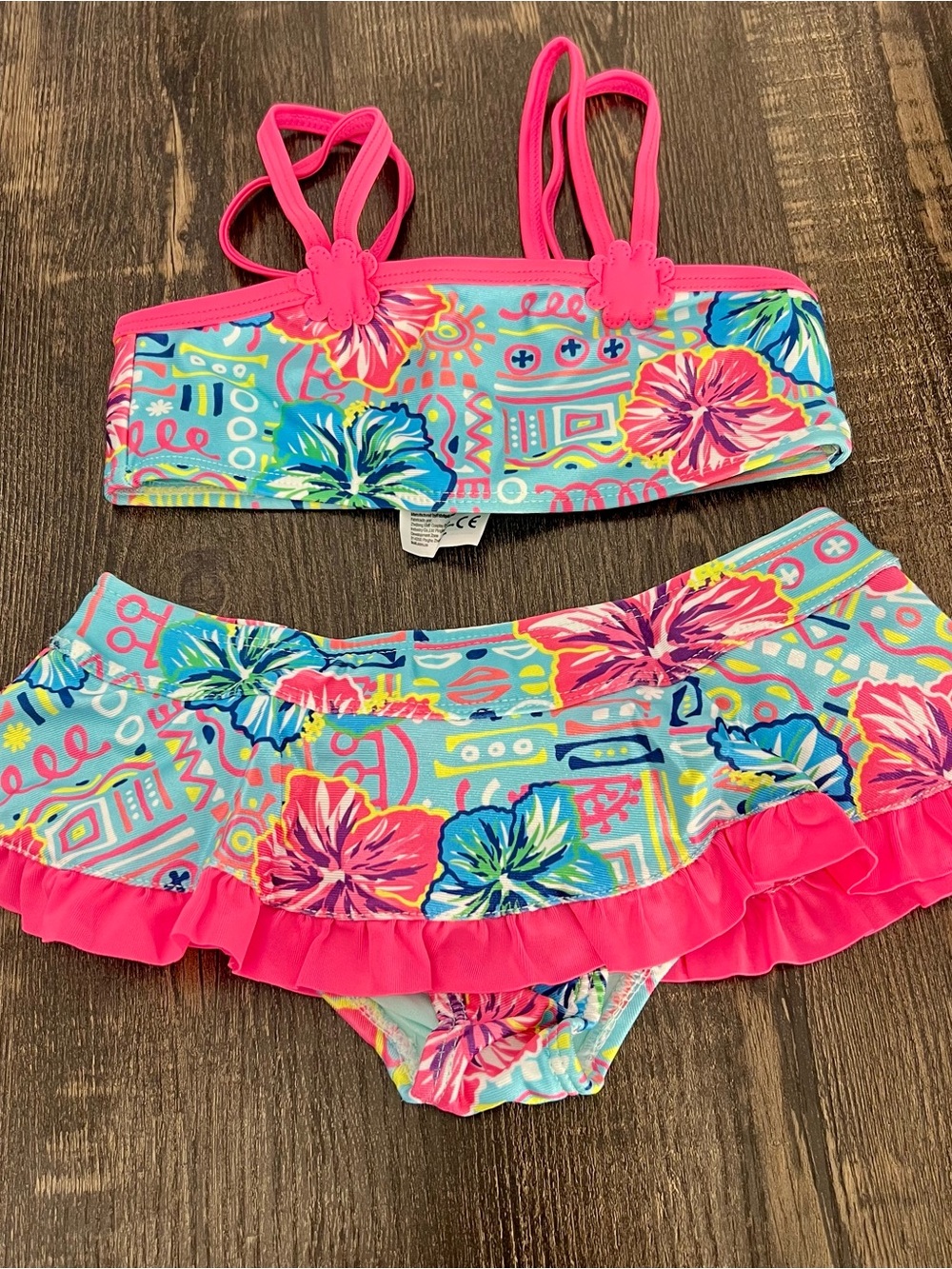 Ikali Girls Two-Piece Floral Ruffle Swimsuit in Aqua & Hot Pink Size 6Y BN